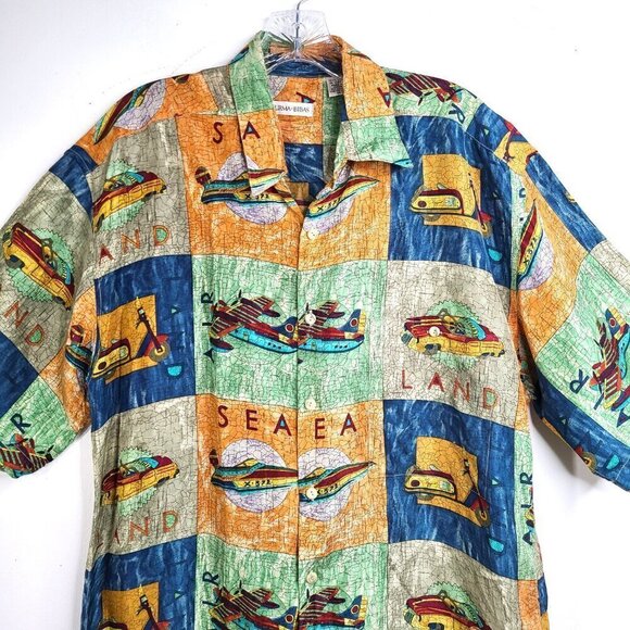Vintage BURMA BIBAS Travel Adventure Boat Plane Scooter Wild Silk Button Up - Picture 3 of 8
